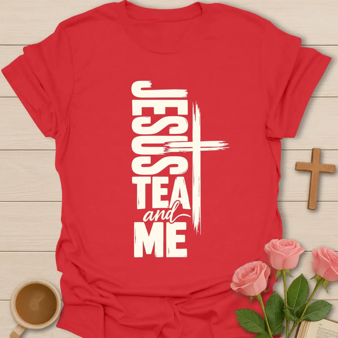 Jesus Tea and Me t-shirt with bold vertical lettering and a brushstroke cross - Red