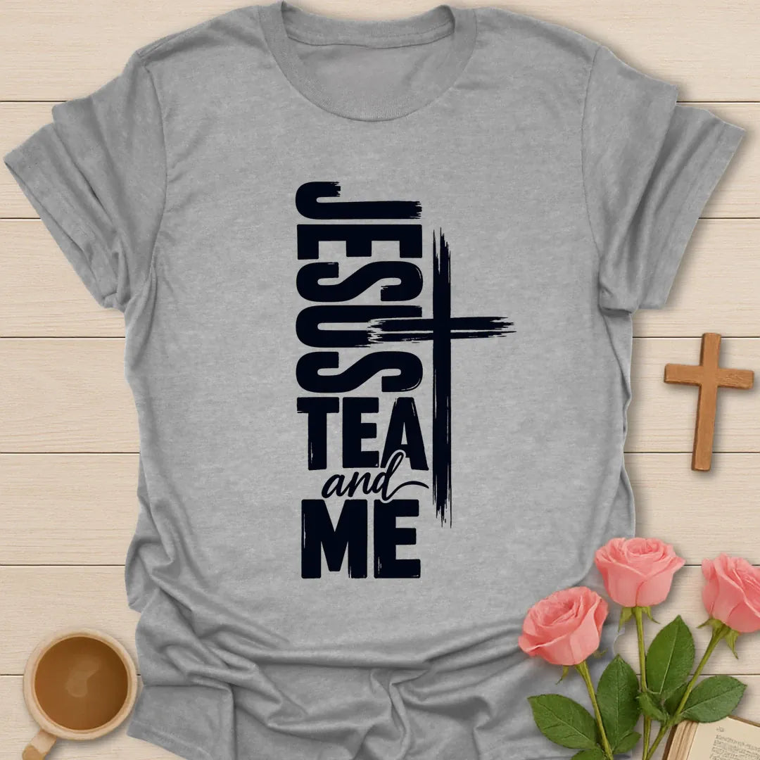 Jesus Tea and Me t-shirt with bold vertical lettering and a brushstroke cross - Sport Grey