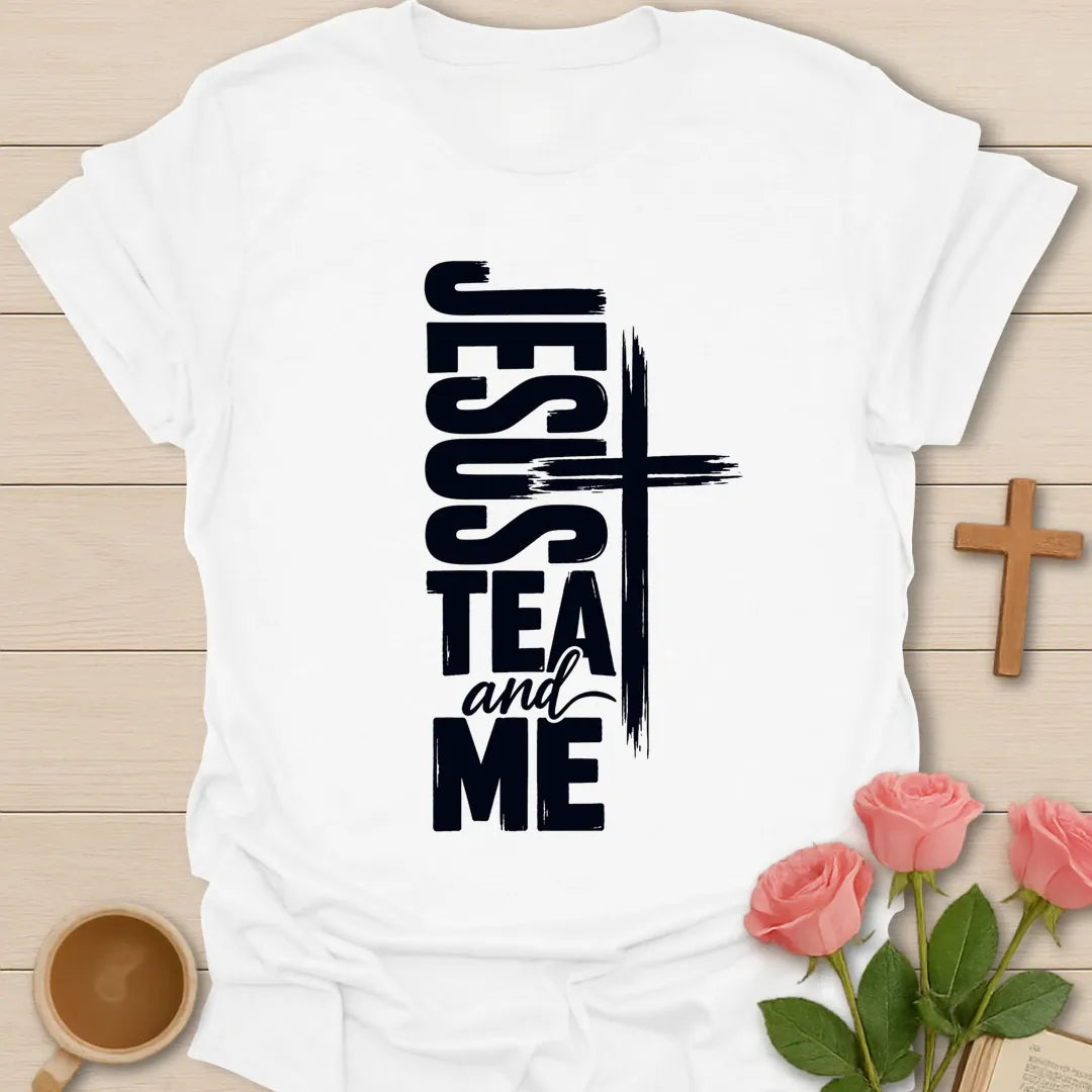 Jesus Tea and Me t-shirt with bold vertical lettering and a brushstroke cross - White