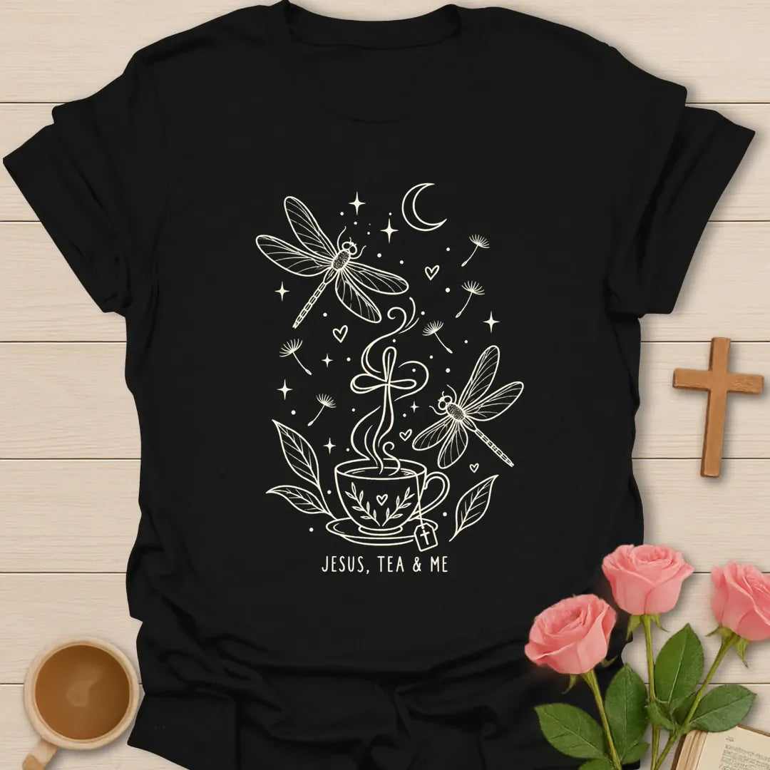 Jesus Tea and Me shirt with dragonfly artwork and faith-inspired lettering. - Black