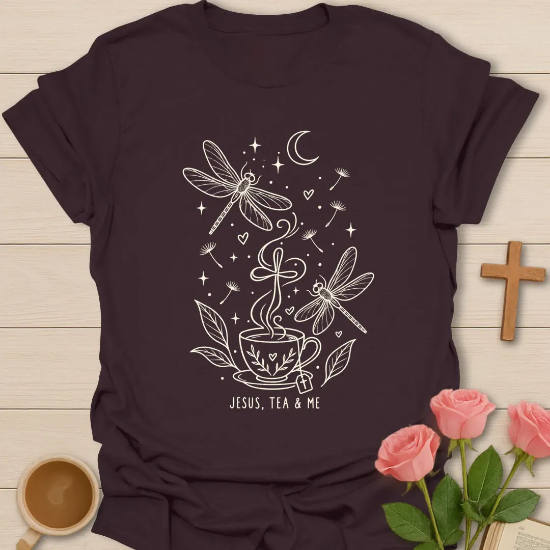 Jesus Tea and Me shirt with dragonfly artwork and faith-inspired lettering. - Dark Chocolate
