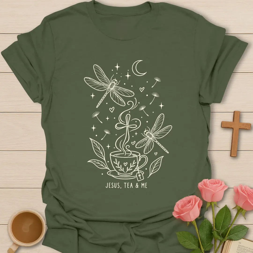 Jesus Tea and Me shirt with dragonfly artwork and faith-inspired lettering. - Military Green