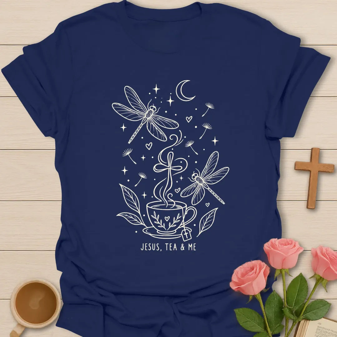 Jesus Tea and Me shirt with dragonfly artwork and faith-inspired lettering. - Navy
