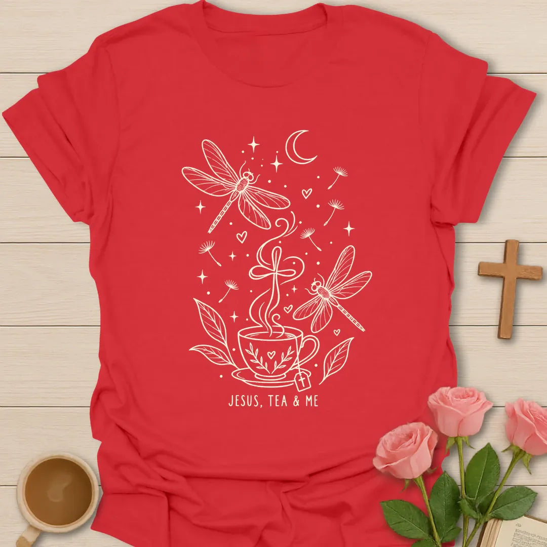 Jesus Tea and Me shirt with dragonfly artwork and faith-inspired lettering. - Red