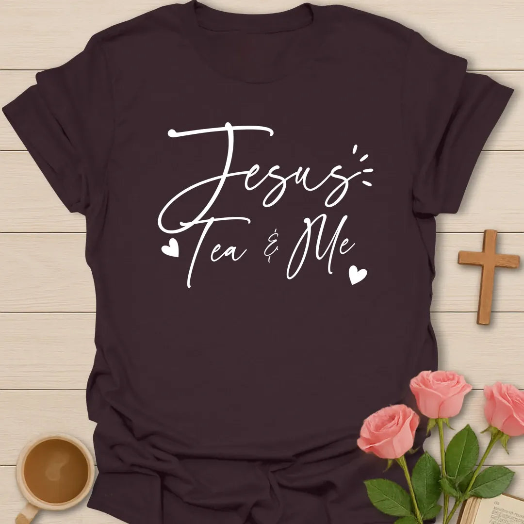 Jesus Tea and Me Love shirt with teacup, heart, and cream vintage lettering. - Dark Chocolate
