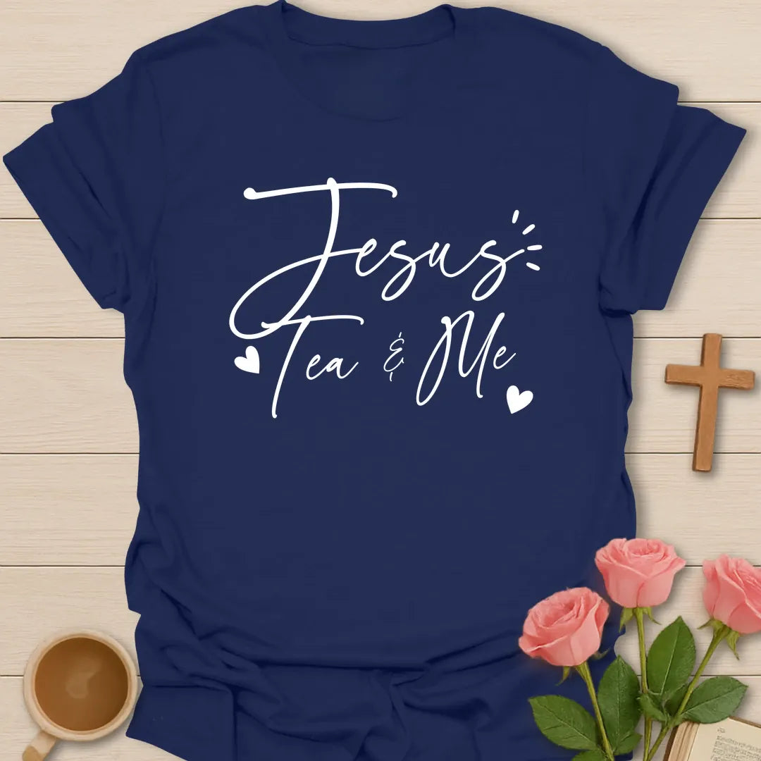 Jesus Tea and Me Love shirt with teacup, heart, and cream vintage lettering. - Navy