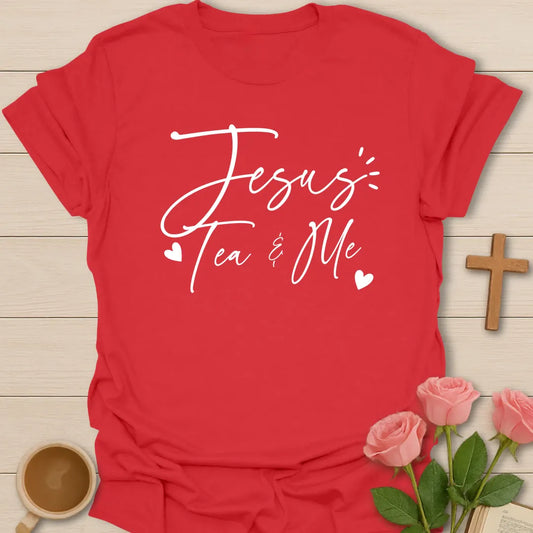 Jesus Tea and Me Love shirt with teacup, heart, and cream vintage lettering. - Red