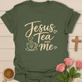 Jesus Tea and Me botanical shirt with teacup, heart steam, leaves and cross tea tag - Military Green