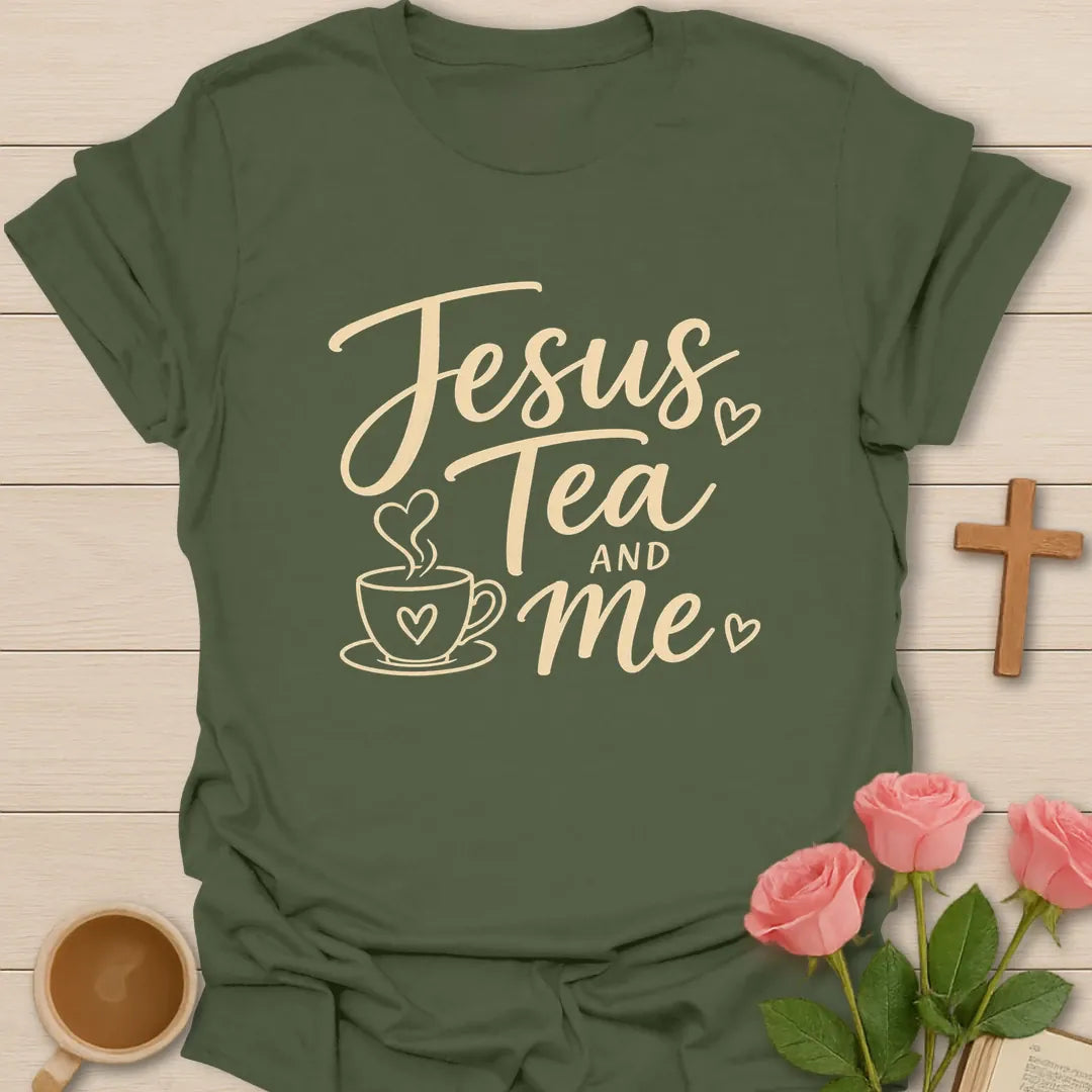 Jesus Tea and Me botanical shirt with teacup, heart steam, leaves and cross tea tag - Military Green