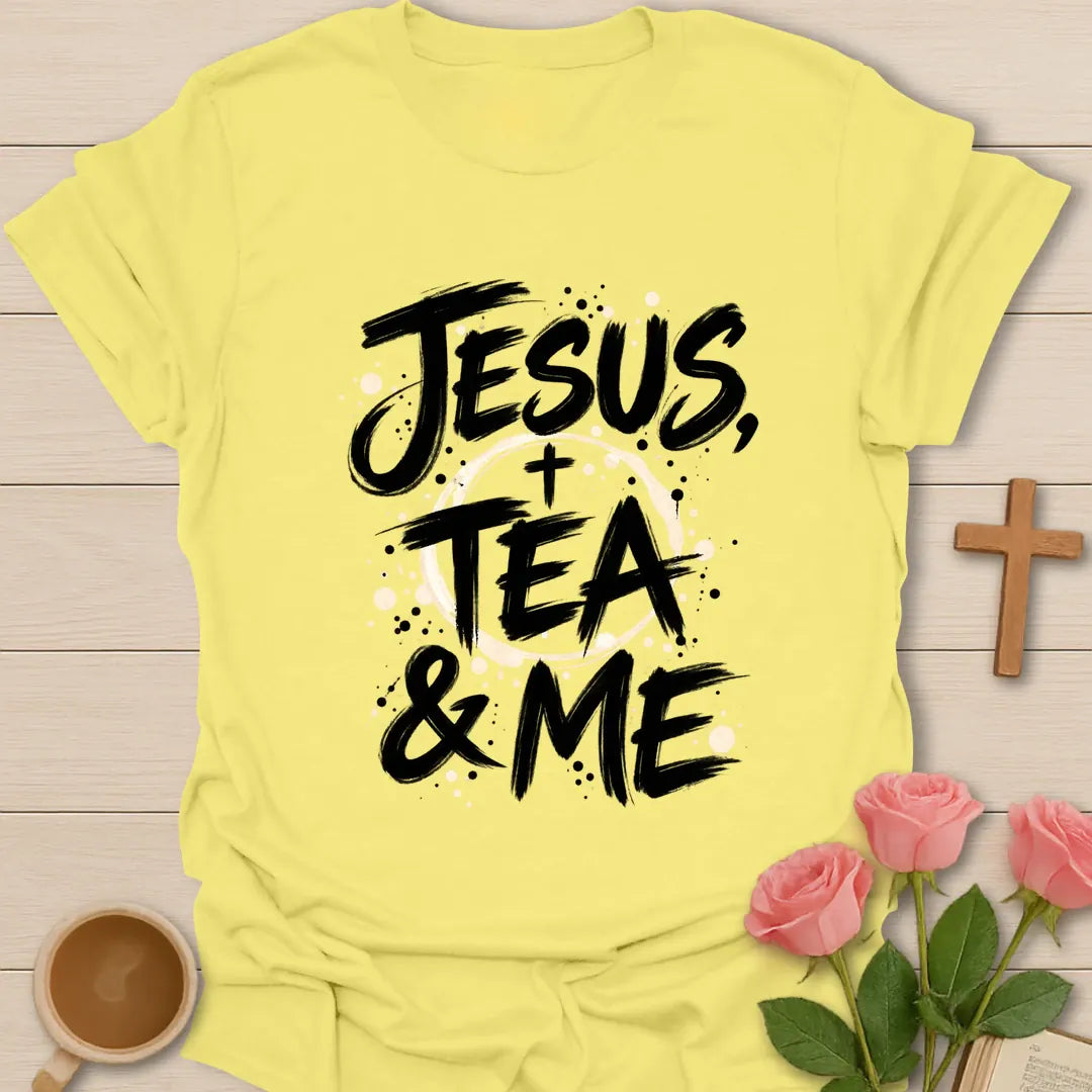 Jesus Tea and Me shirt with tea stain artwork and faith-inspired lettering. - Cornsilk