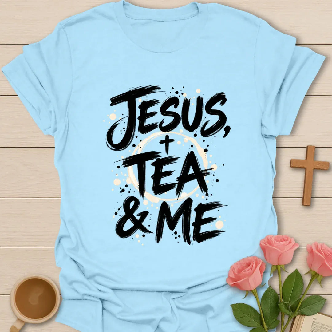 Jesus Tea and Me shirt with tea stain artwork and faith-inspired lettering. - Light Blue