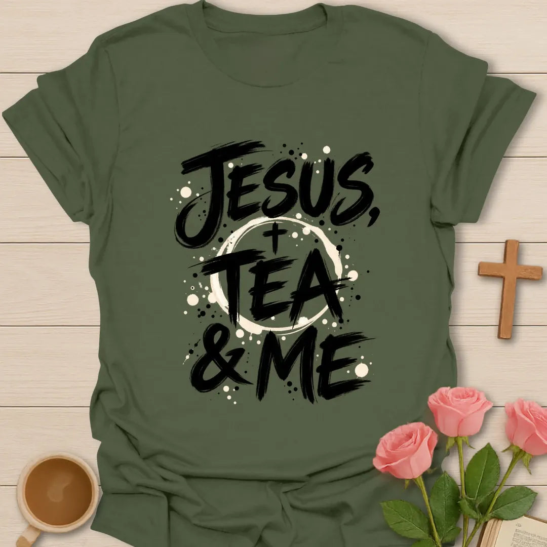 Jesus Tea and Me shirt with tea stain artwork and faith-inspired lettering. - Military Green