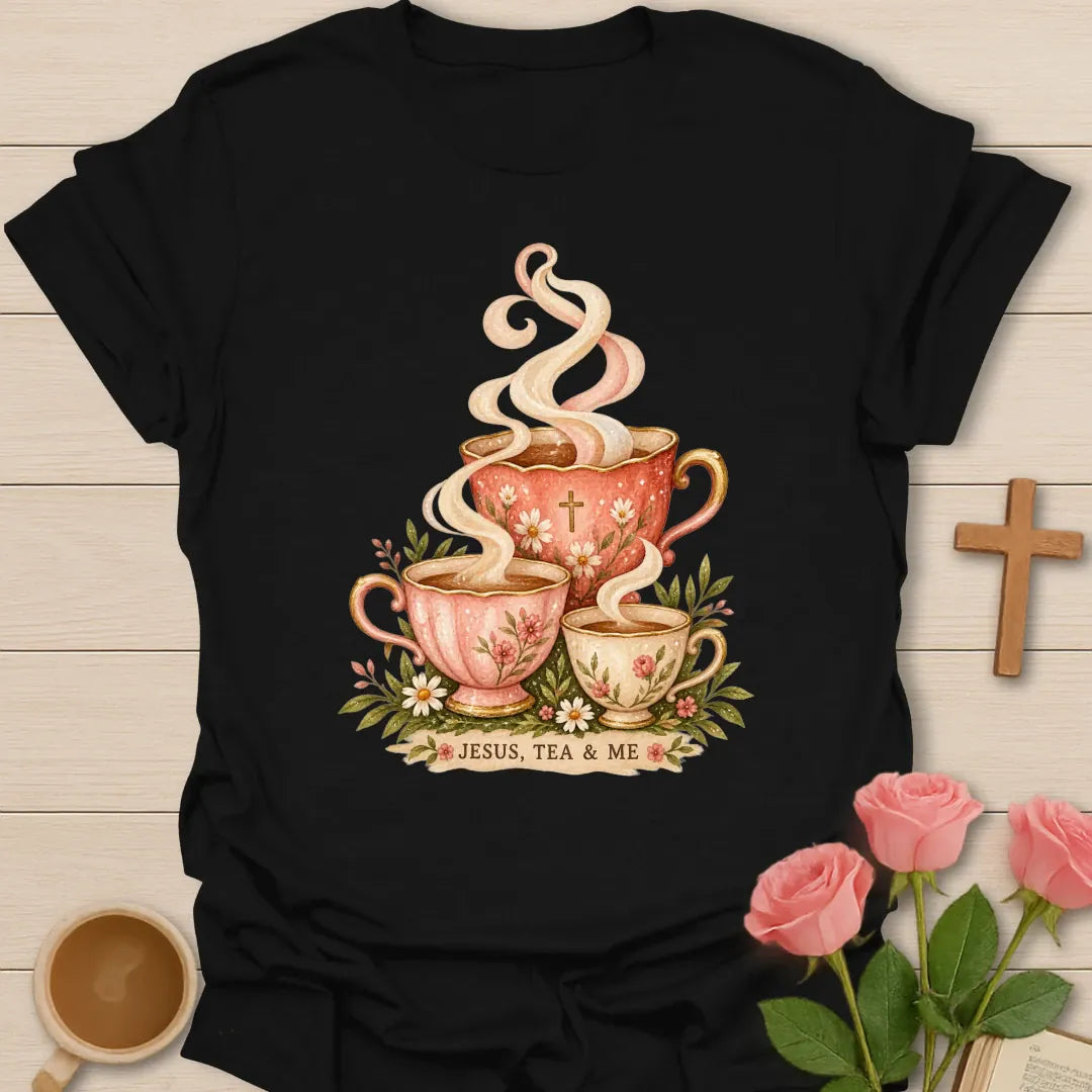 Jesus Tea and Me shirt with teacup artwork and faith-inspired lettering. - Black