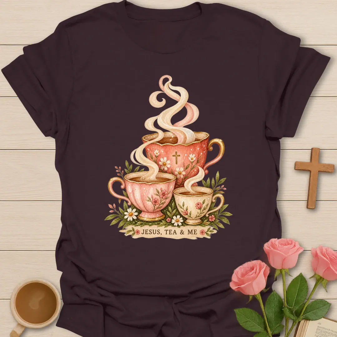 Jesus Tea and Me shirt with teacup artwork and faith-inspired lettering. - Dark Chocolate