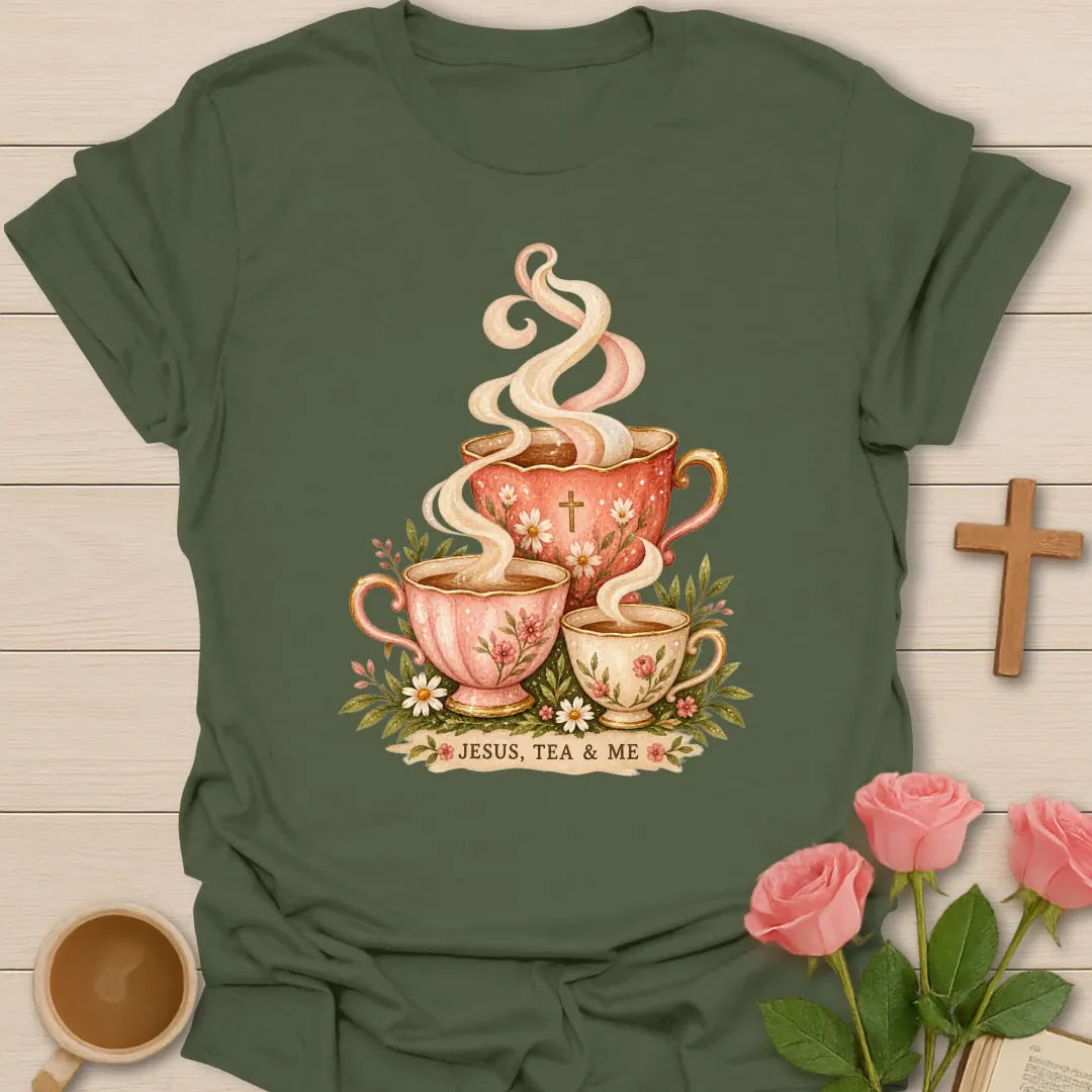 Jesus Tea and Me shirt with teacup artwork and faith-inspired lettering. - Military Green