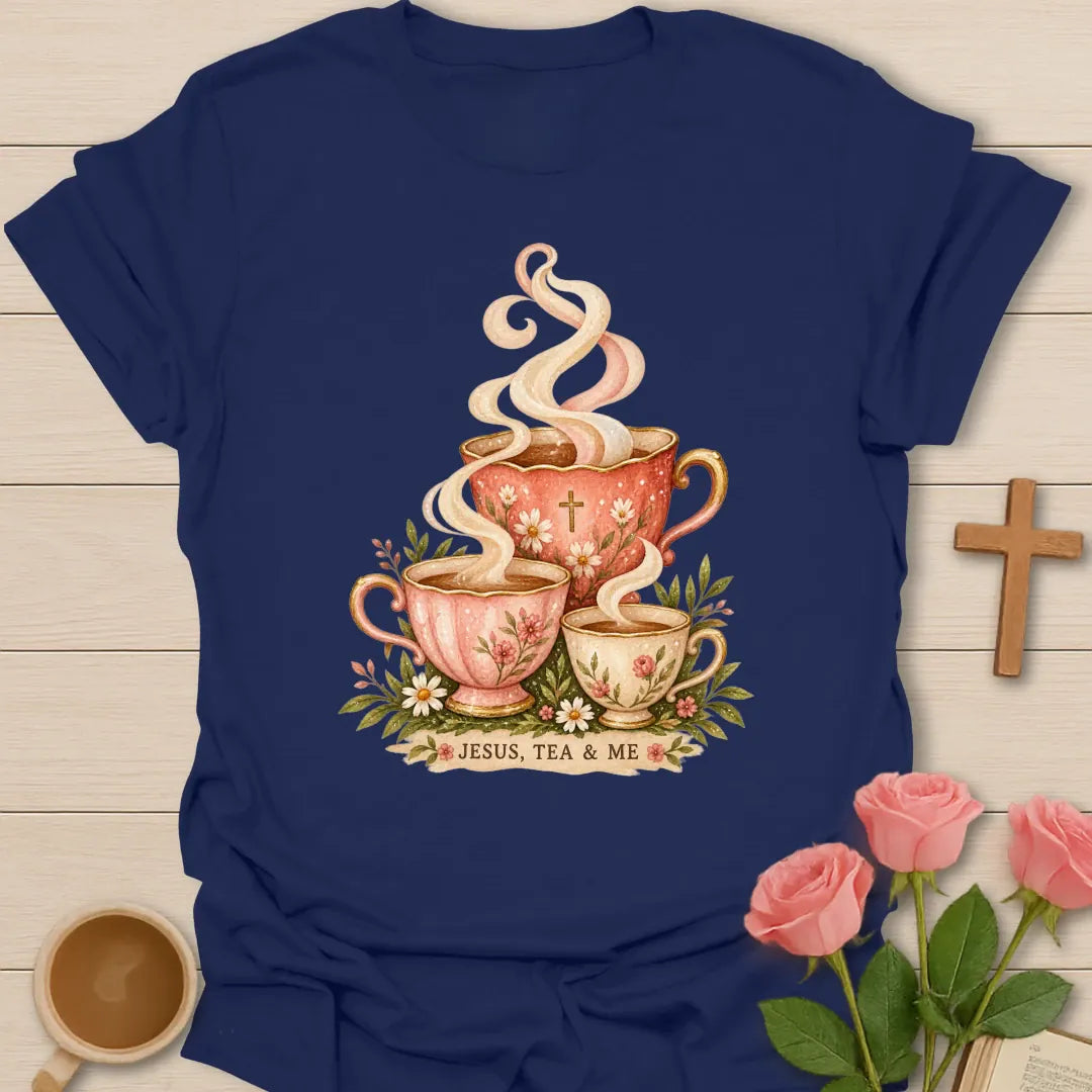 Jesus Tea and Me shirt with teacup artwork and faith-inspired lettering. - Navy