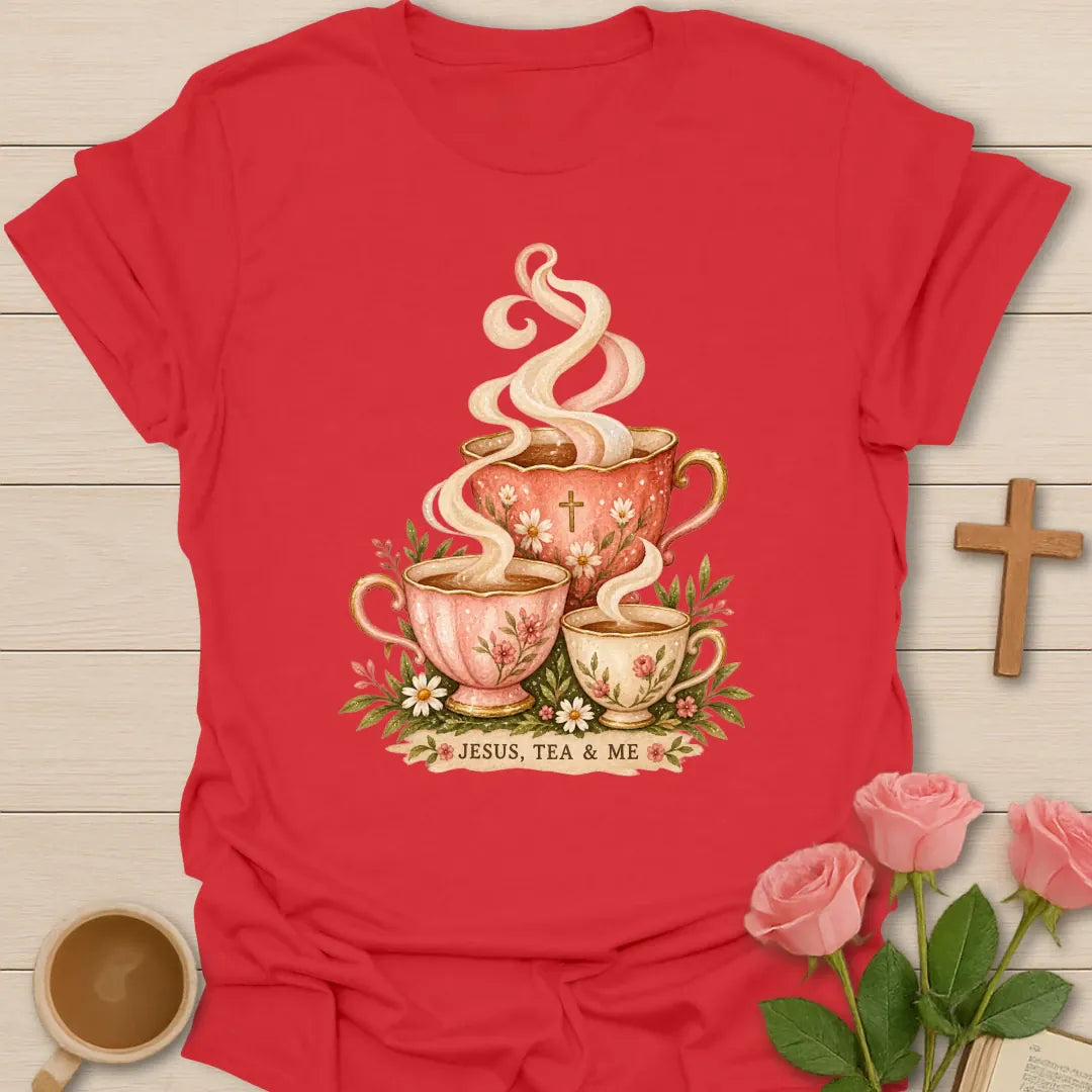 Jesus Tea and Me shirt with teacup artwork and faith-inspired lettering. - Red