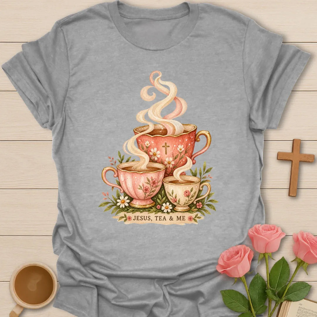 Jesus Tea and Me shirt with teacup artwork and faith-inspired lettering. - Sport Grey