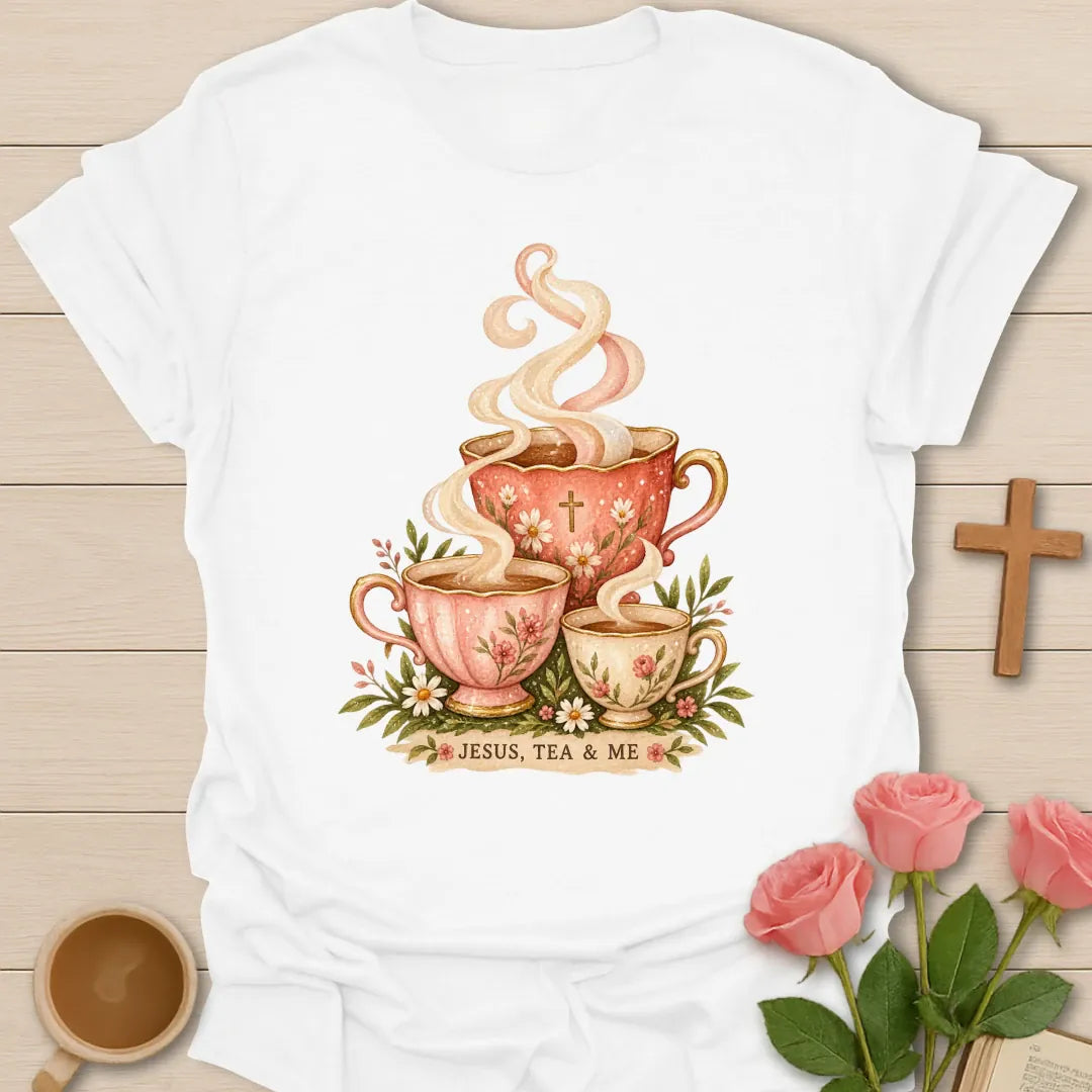 Jesus Tea and Me shirt with teacup artwork and faith-inspired lettering. - White