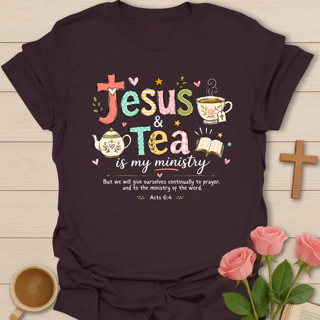 Jesus Tea Ministry shirt with teacup, cross, and cream vintage lettering. - Dark Chocolate