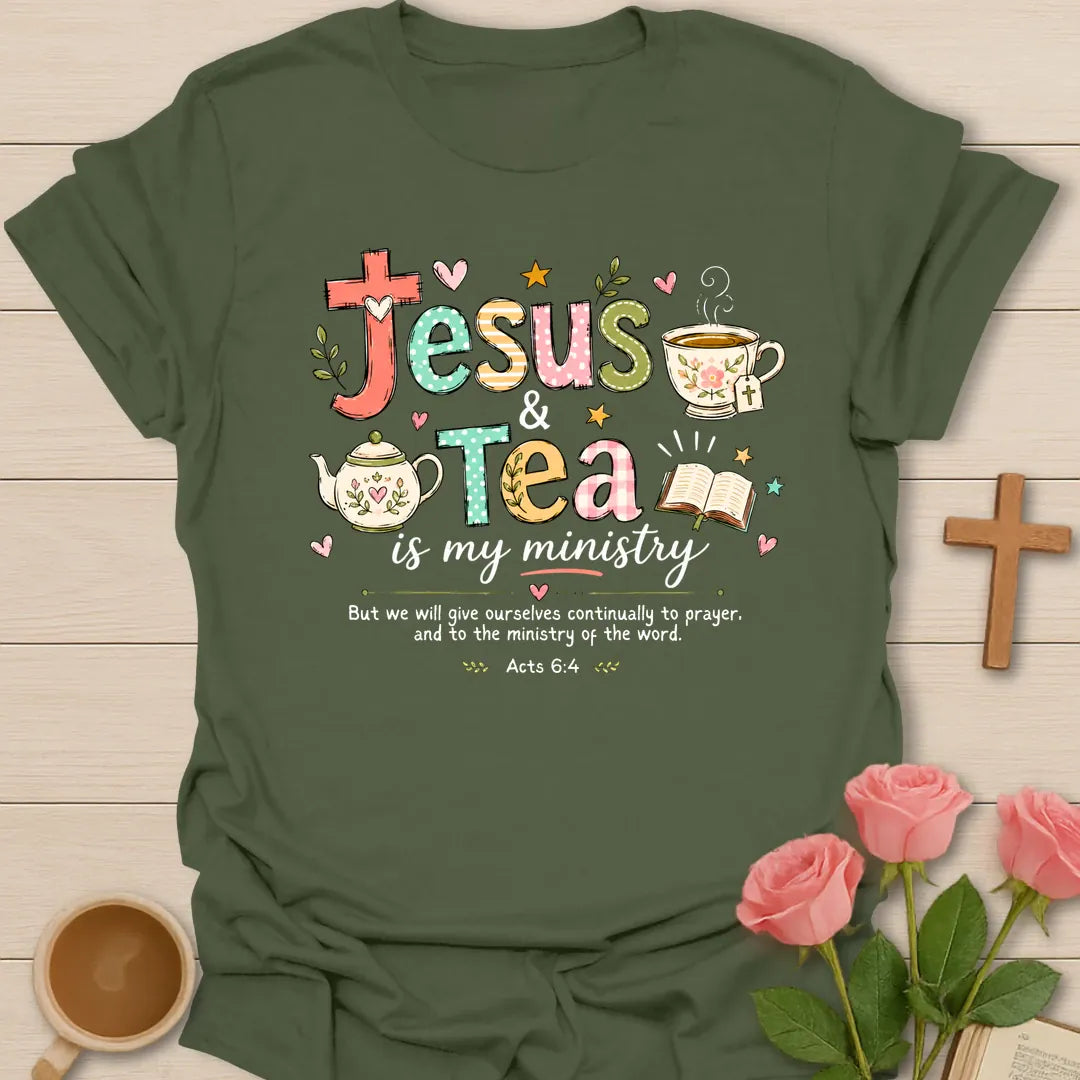Jesus Tea Ministry shirt with teacup, cross, and cream vintage lettering. - Military Green