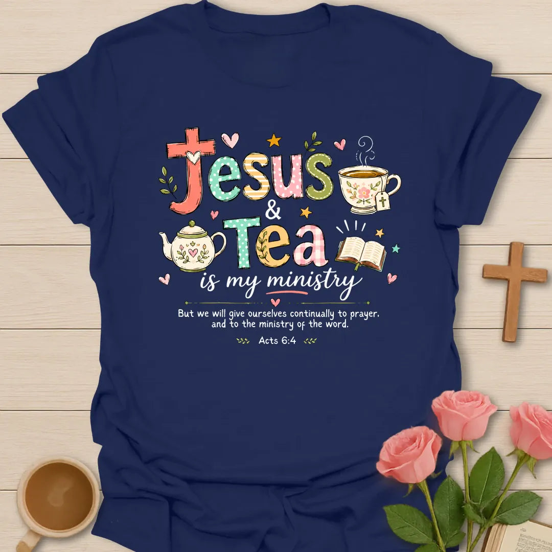 Jesus Tea Ministry shirt with teacup, cross, and cream vintage lettering. - Navy