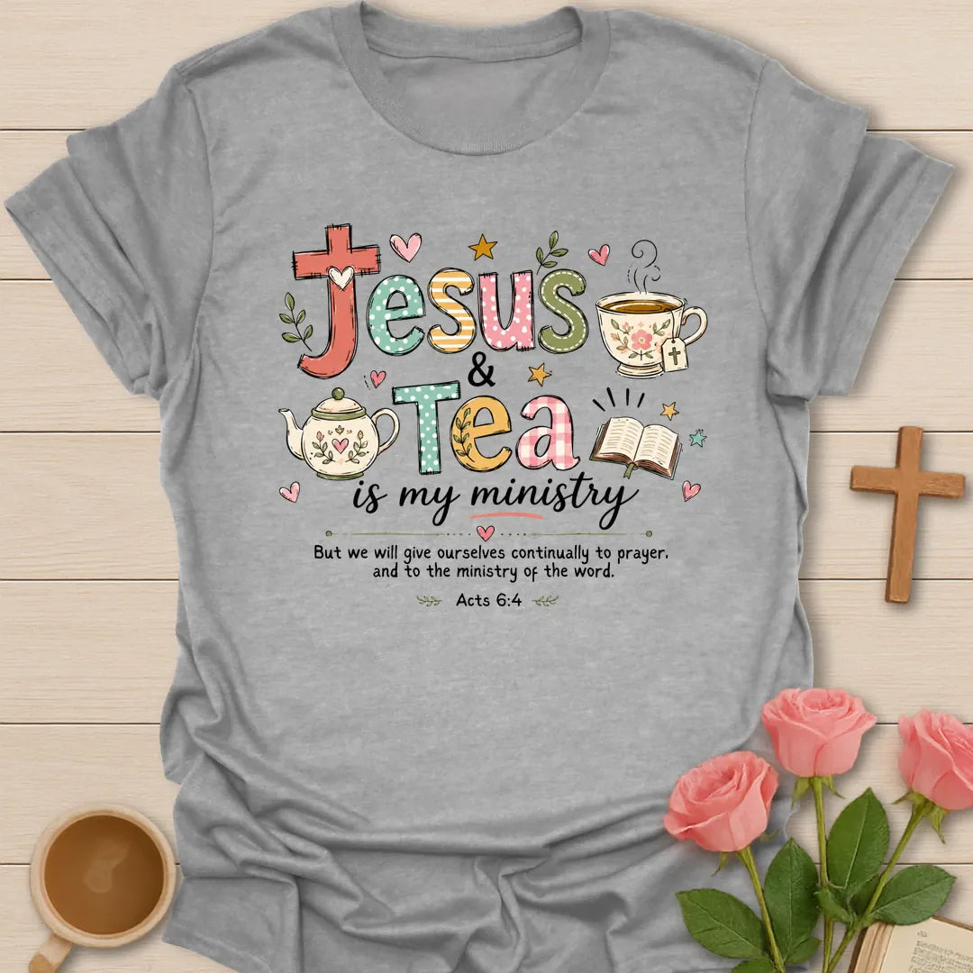 Jesus Tea Ministry shirt with teacup, cross, and cream vintage lettering. - Sport Grey