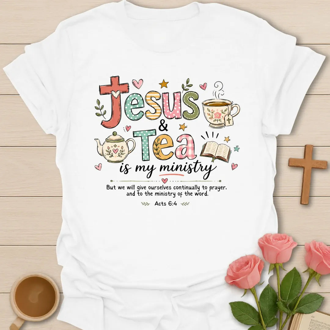 Jesus Tea Ministry shirt with teacup, cross, and cream vintage lettering. - White