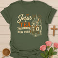 Jesus and Tea New York shirt with mason jar iced tea, cross tea tag, skyline, Statue of Liberty, bridge, cream and orange lettering. - Military Green