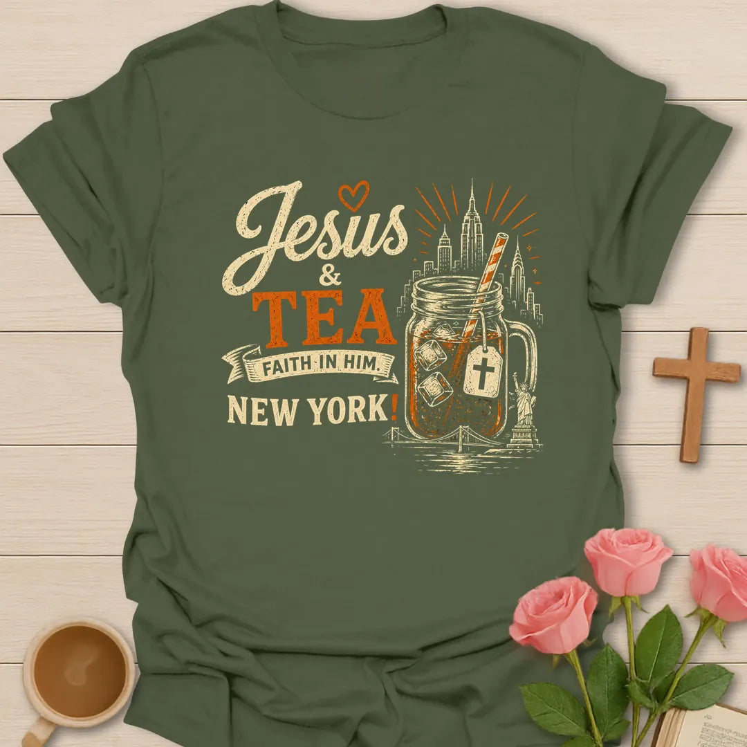 Jesus and Tea New York shirt with mason jar iced tea, cross tea tag, skyline, Statue of Liberty, bridge, cream and orange lettering. - Military Green