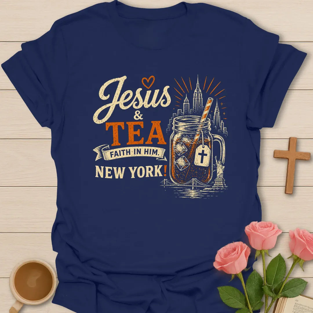 Jesus and Tea New York shirt with mason jar iced tea, cross tea tag, skyline, Statue of Liberty, bridge, cream and orange lettering. - Navy