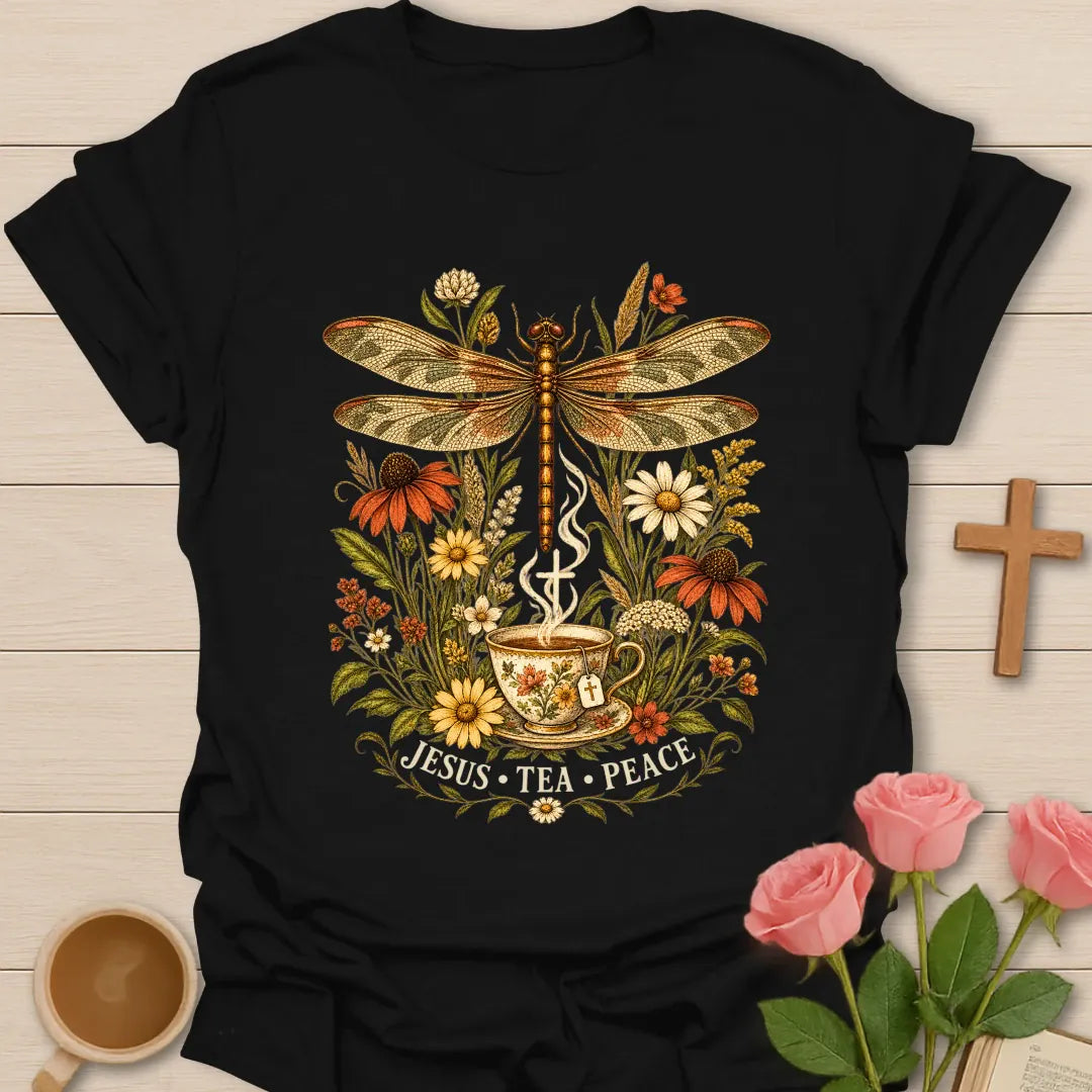 Jesus Tea and Peace shirt with dragonfly artwork and faith-inspired lettering. - Black
