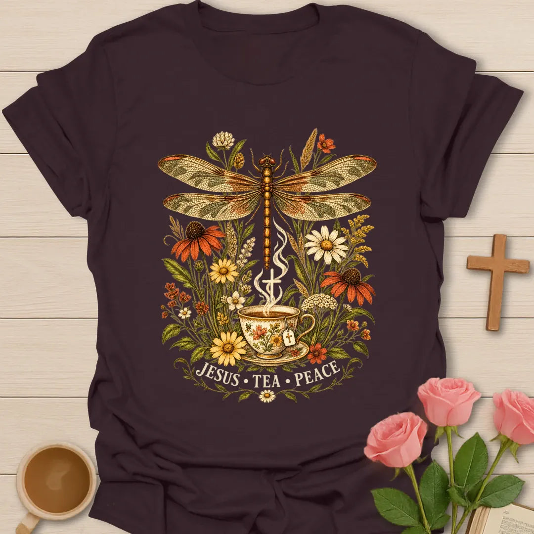 Jesus Tea and Peace shirt with dragonfly artwork and faith-inspired lettering. - Dark Chocolate