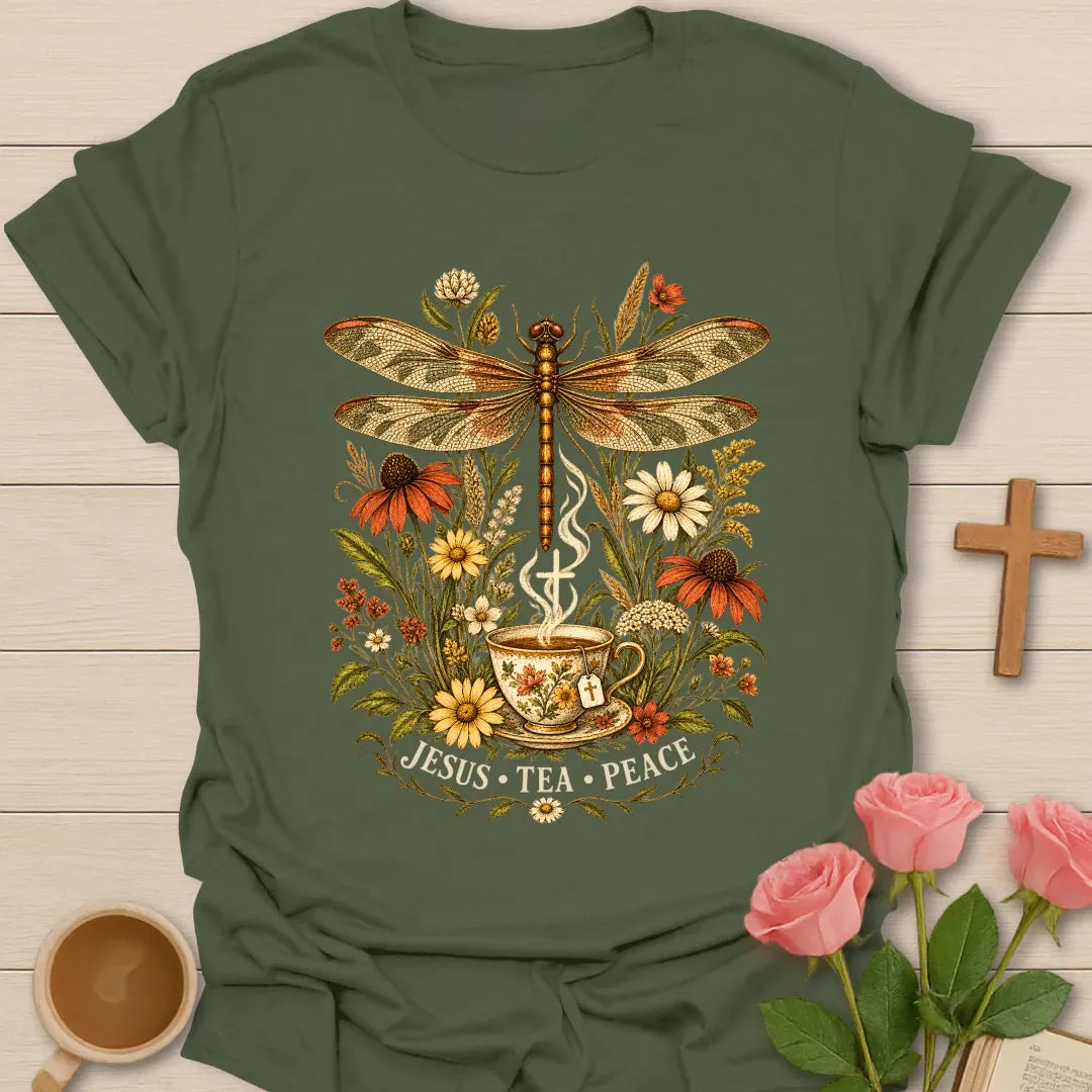 Jesus Tea and Peace shirt with dragonfly artwork and faith-inspired lettering. - Military Green