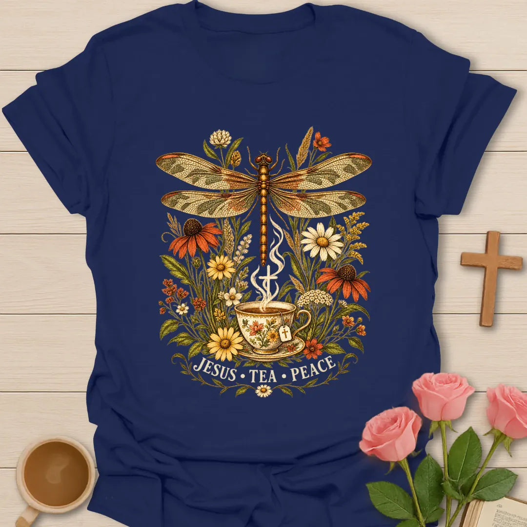 Jesus Tea and Peace shirt with dragonfly artwork and faith-inspired lettering. - Navy