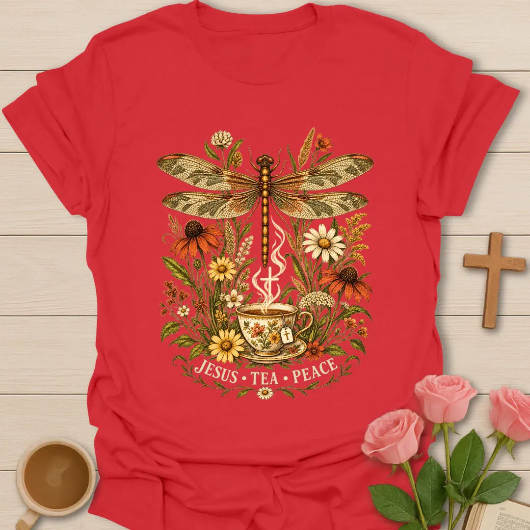 Jesus Tea and Peace shirt with dragonfly artwork and faith-inspired lettering. - Red