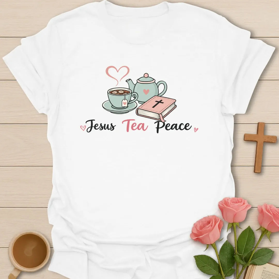 Jesus Tea and Peace shirt with calm faith lettering - White
