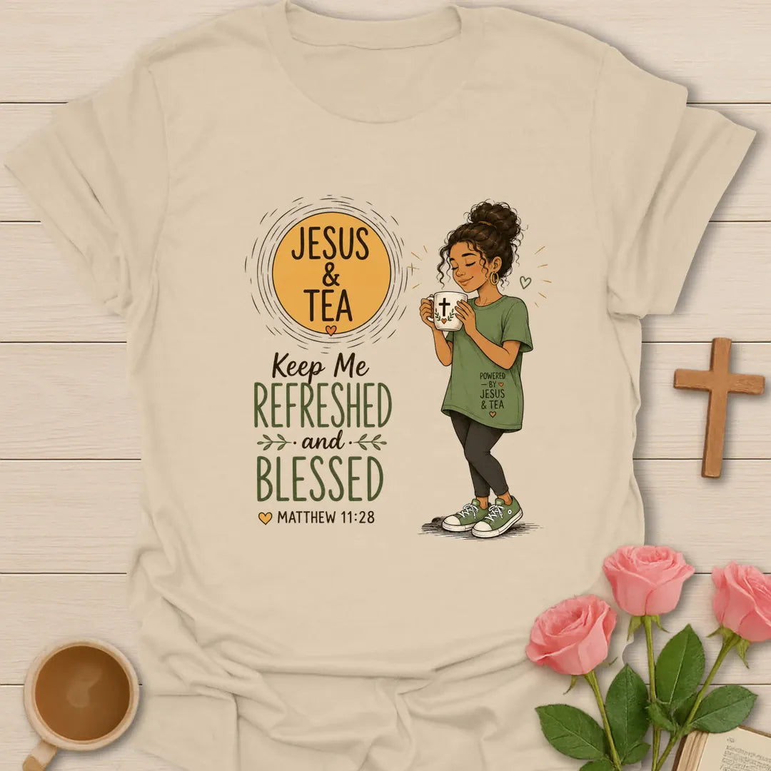 Jesus and Tea Refreshed and Blessed shirt with teacup, cross, and cream vintage lettering. - Sand