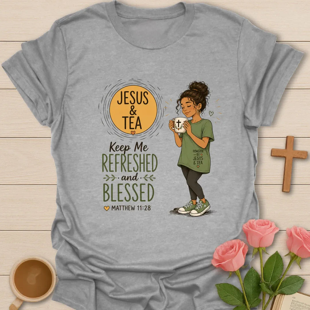 Jesus and Tea Refreshed and Blessed shirt with teacup, cross, and cream vintage lettering. - Sport Grey