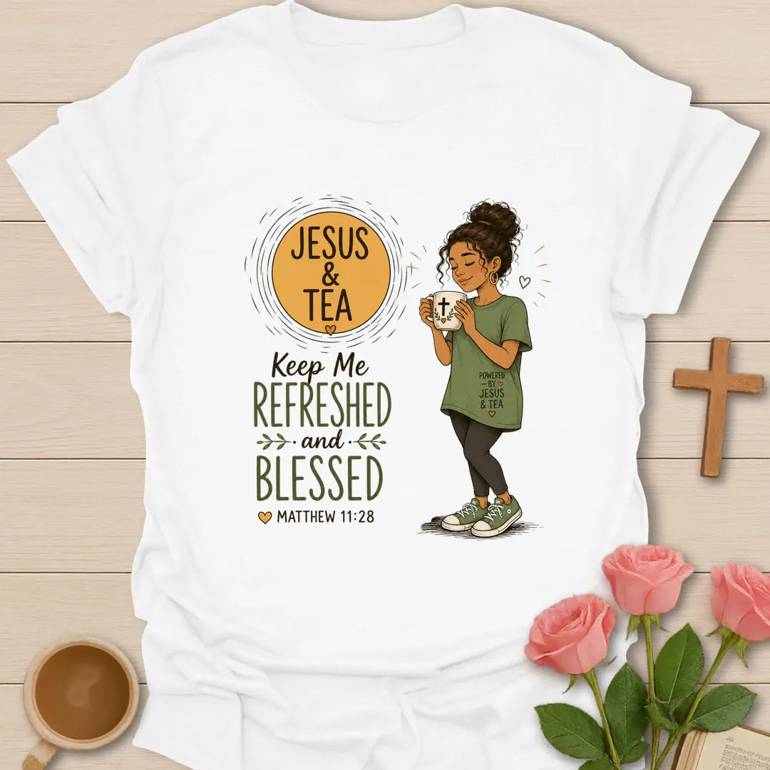Jesus and Tea Refreshed and Blessed shirt with teacup, cross, and cream vintage lettering. - White