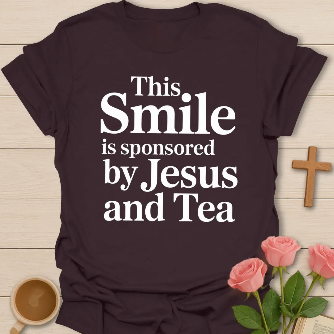 Jesus & Tea Sponsored Smile shirt with cheerful lettering and faith-inspired tea design. - Dark Chocolate