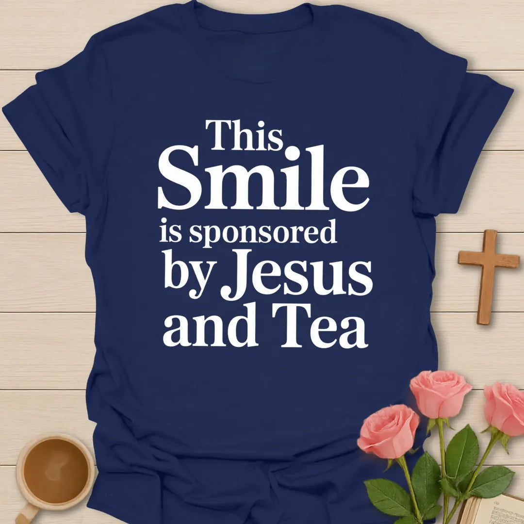 Jesus & Tea Sponsored Smile shirt with cheerful lettering and faith-inspired tea design. - Navy