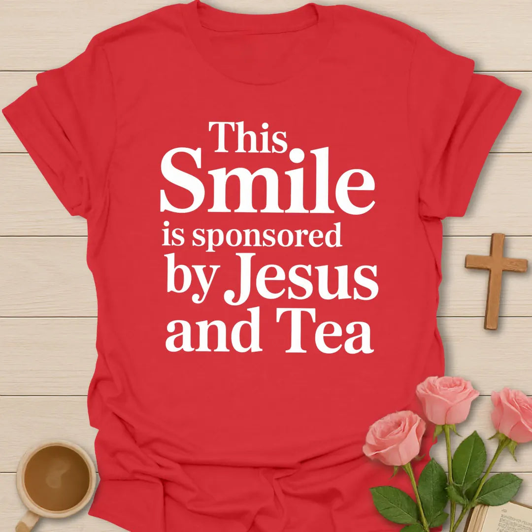 Jesus & Tea Sponsored Smile shirt with cheerful lettering and faith-inspired tea design. - Red