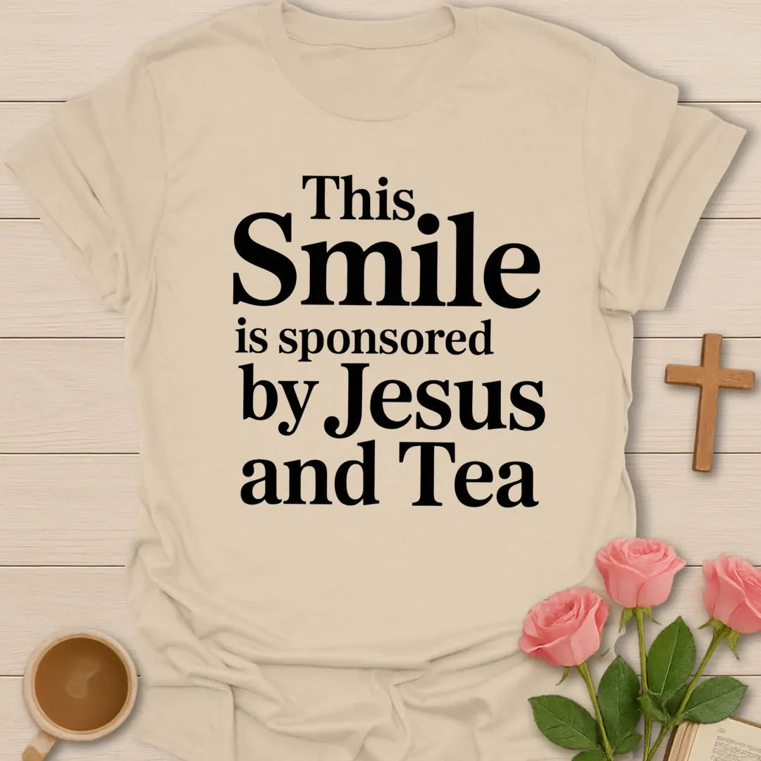 Jesus & Tea Sponsored Smile shirt with cheerful lettering and faith-inspired tea design. - Sand