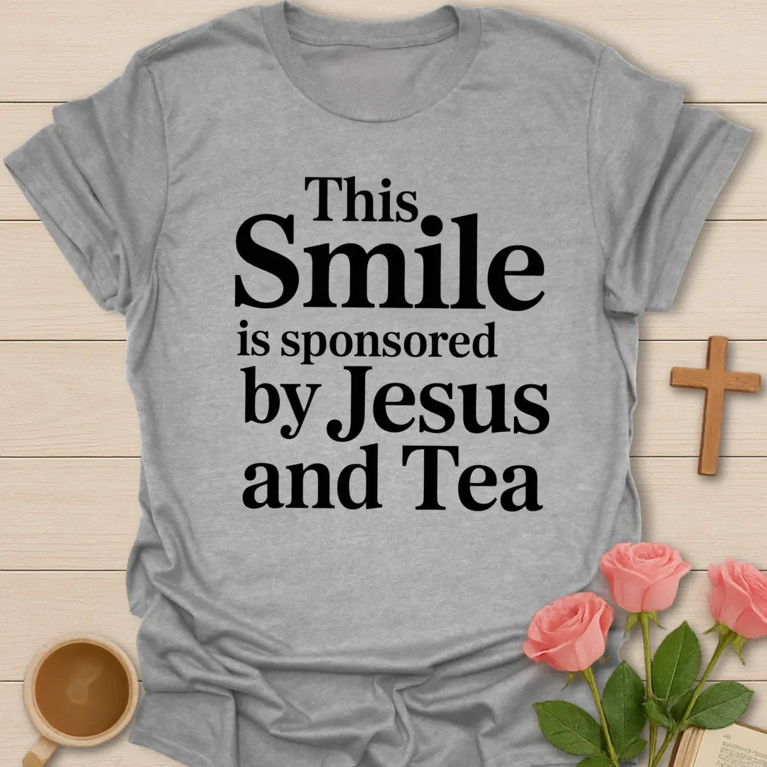 Jesus & Tea Sponsored Smile shirt with cheerful lettering and faith-inspired tea design. - Sport Grey