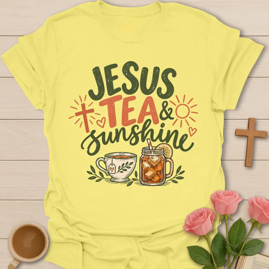Jesus Tea & Sunshine t-shirt with green and coral lettering, a cross, a sun, a hot teacup and a mason jar of iced tea - Cornsilk