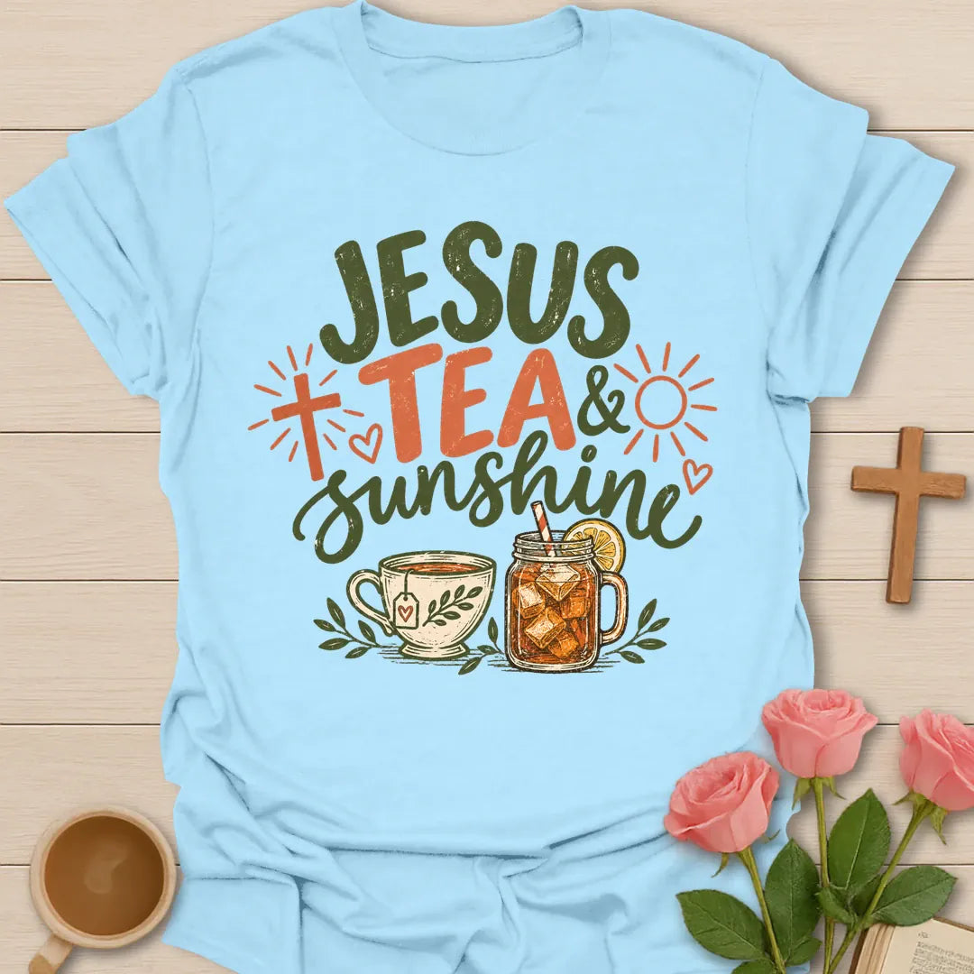 Jesus Tea & Sunshine t-shirt with green and coral lettering, a cross, a sun, a hot teacup and a mason jar of iced tea - Light Blue