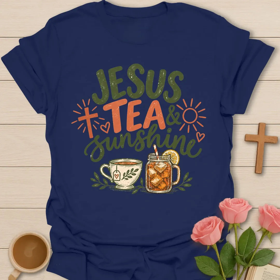 Jesus Tea & Sunshine t-shirt with green and coral lettering, a cross, a sun, a hot teacup and a mason jar of iced tea - Navy