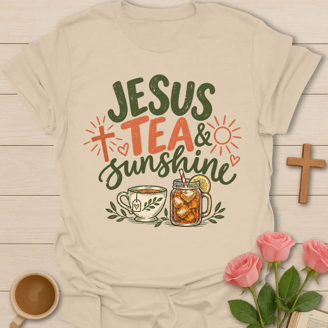 Jesus Tea & Sunshine t-shirt with green and coral lettering, a cross, a sun, a hot teacup and a mason jar of iced tea - Sand