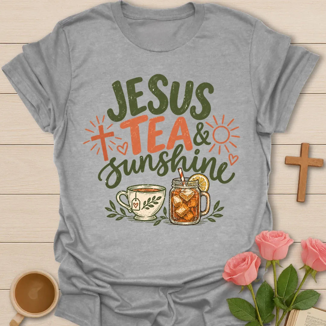 Jesus Tea & Sunshine t-shirt with green and coral lettering, a cross, a sun, a hot teacup and a mason jar of iced tea - Sport Grey